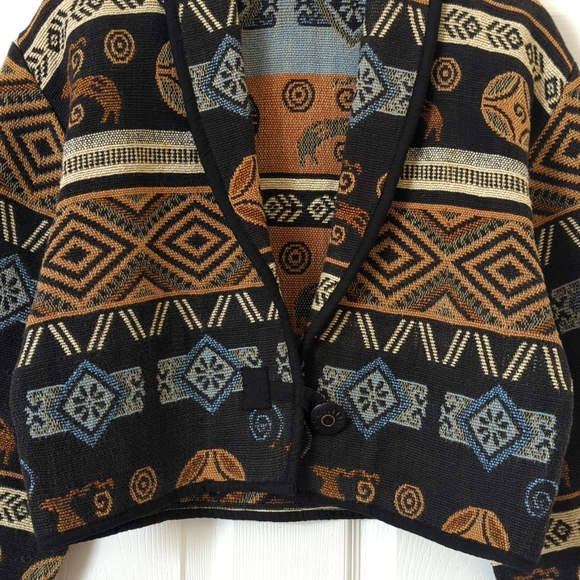 Flashback 90's Vintage Aztec Antelope Woven Tapestry Cropped Jacket Black M - Picture 6 of 12
